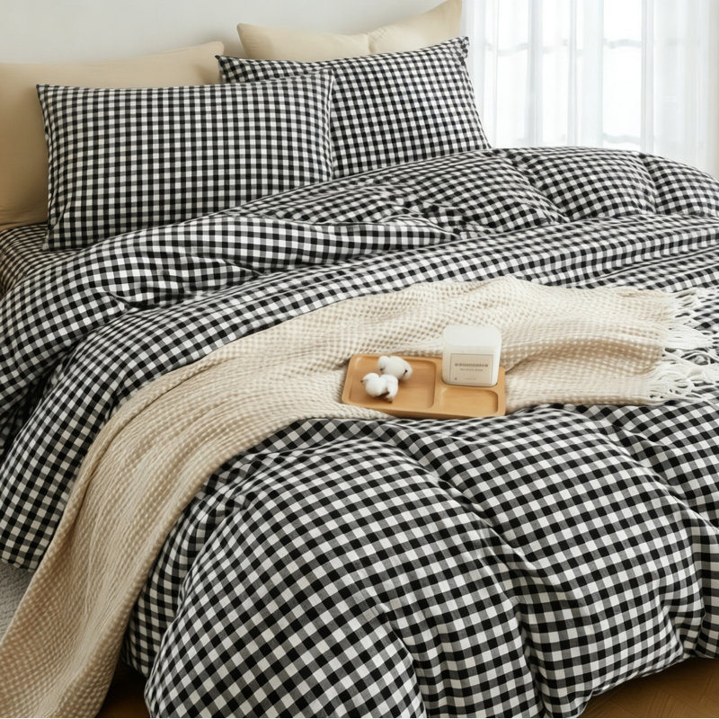 Ensemble de housse de couette en vichy à carreaux 100% coton lavé Life, Housse de couette très grand et 2 taies d'oreille