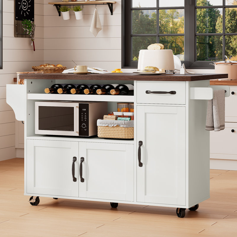 Îlot de cuisine 47 po avec tablette à micro-ondes, prise de courant et chariot à roulettes à feuilles tombantes avec tiroir et support à vin