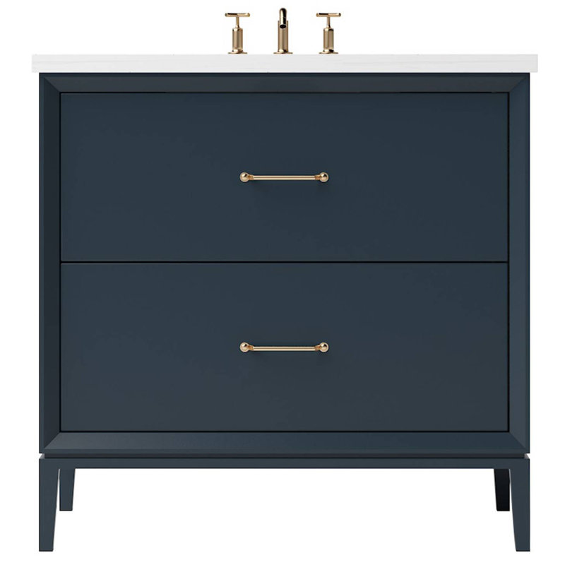 Meuble-lavabo simple à deux tiroirs Alexandra, Bleu La Haye, Or satiné, 36"