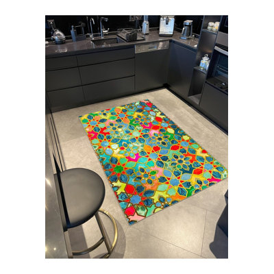 Tapis vert lavable à motif tissé à motif brodé vert