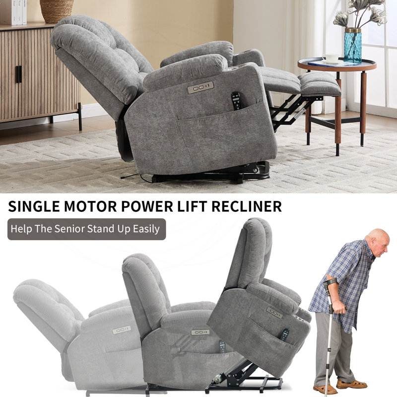 Fauteuil inclinable électrique avec massage, chaleur, ports USB et porte-gobelets, Chenille gris pâle