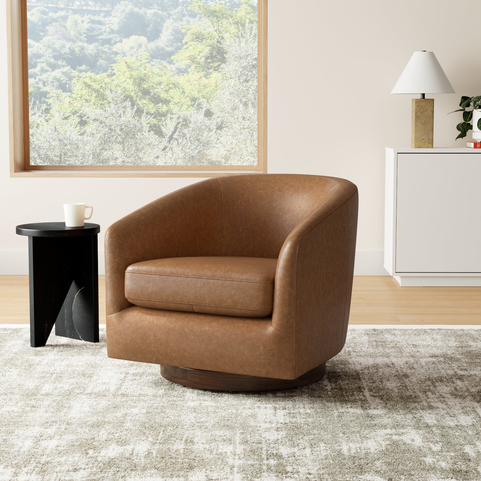 Bennett Genuine Leather Swivel Barrel Chair (Set of 2), Marseille Brown Genuine Leather