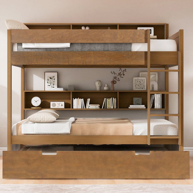 Lit double superposé double avec lit gigogne et tablettes intégrées, bois antique, Bois antique