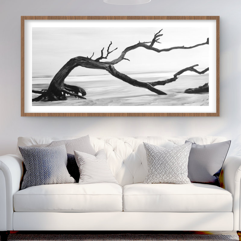 Arbre mort dans l'eau - reproduction encadrée noir et blanc bord de mer