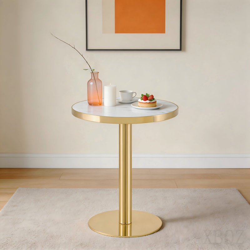 23.6" Round Mdf Sprayed With Uv Paint Countertop, Whiye Marble Texture, Gold Stainless Steel Edging, Metal Table Legs, Modern Light Luxury Edge/Coffee Table.