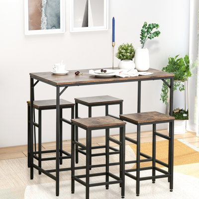 Ensemble de table de salle à manger industrielle 5 pièces, table de bar et 4 tabourets, noir / brun