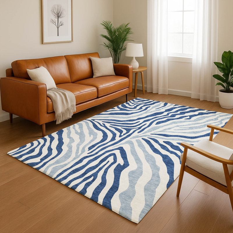 Tapis à imprimé animal de qualité supérieure lavable à la machine Villers, Marine, 8 pi x 10 pi