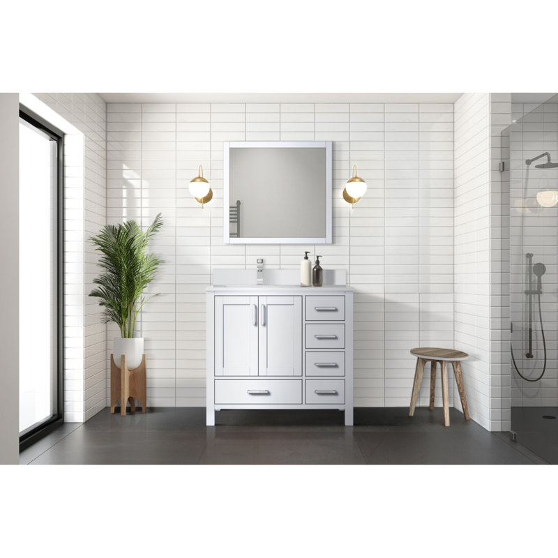Meuble-lavabo blanc 36 po X P 22 po D, ensemble de dessus en marbre de culture décalé à gauche et robinet, Blanc