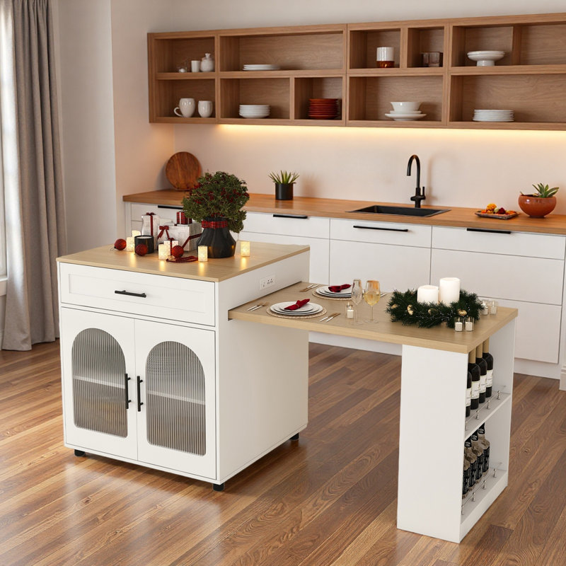 Expandable Kitchen Island With Dining Table, Power Outlet, 2 Drawers, Open Shelves And Movable Wheels