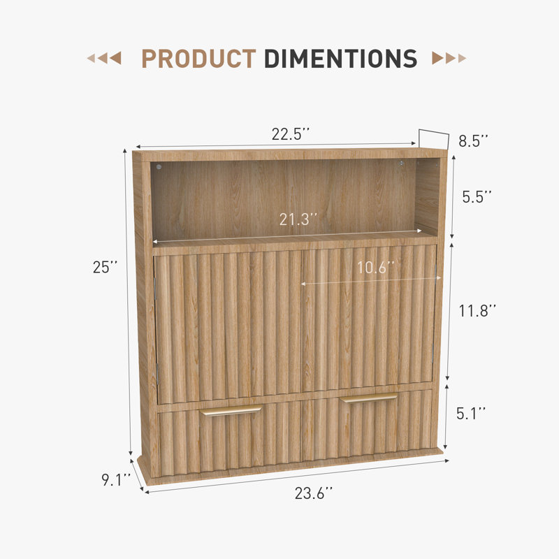 Fluted Bathroom Wall Cabinet With Drawers, Wooden Storage Cabinet With Adjustable Shelf & Open Compartment, Wall-mounted Organizer For Bathroom, Kitchen, Or Laundry