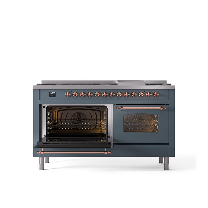 ILVE Nostalgie II 60 Dual Fuel Range, 9 Burners, Griddle, Liquid Propane, Blue/Gray/Copper
