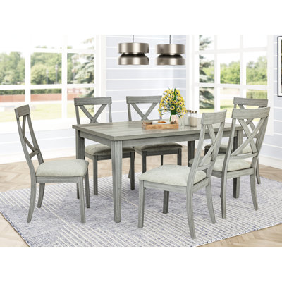 Beautiful 7Pc Dining Set Rectangular Dining Table Upholstered Chair Dining Room Set Wooden Gray