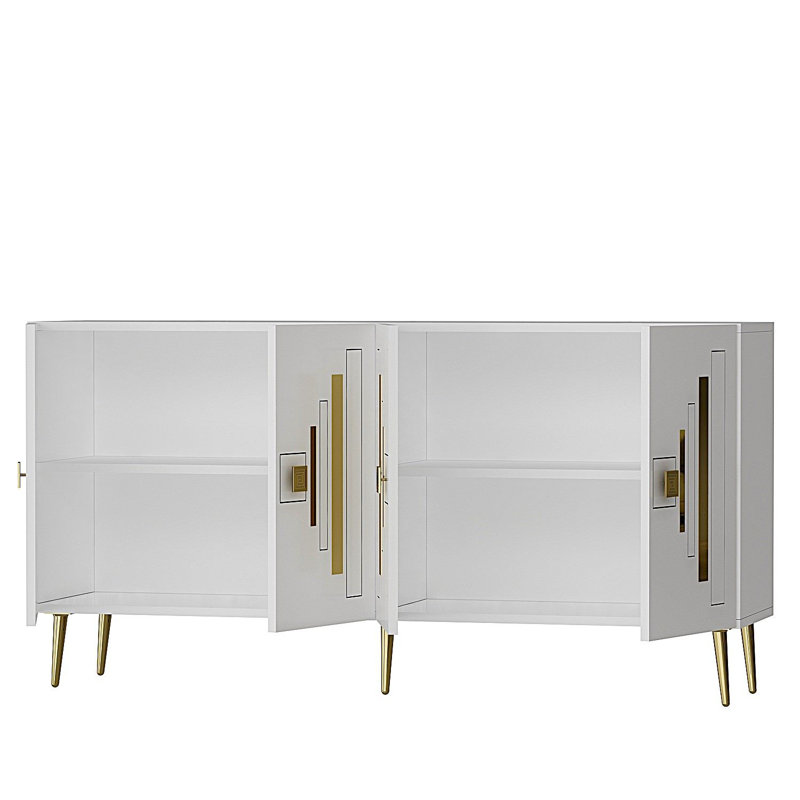 Modern Console Table with Wall-Mount Option, White & Gold, 100% Melamine Coated Particle Board, Thickness: 0.7 inches | Geometric Design with Multiple Shelves, Stylish & Functional Storage