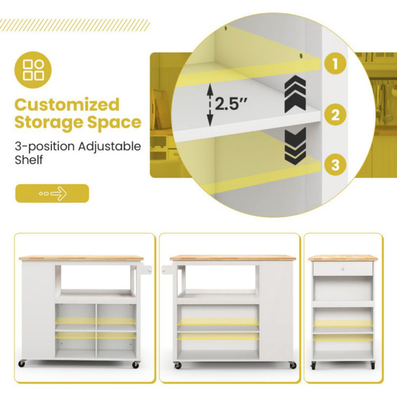 White Kitchen Cart with Rubber Wood Countertop and Storage Shelves
