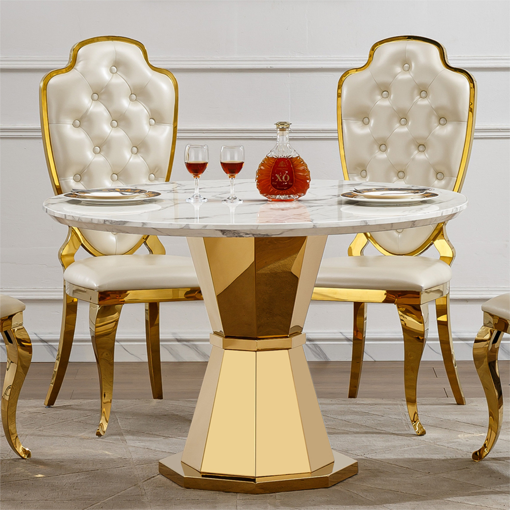 Orren Ellis Modern Round Dining Table With Faux Marble Top & Stainless ...