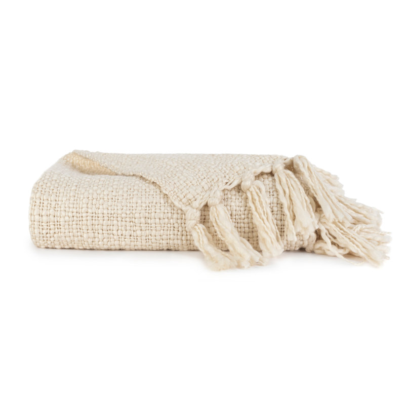 Basketweave Fringe Throw Blanket, Ivory
