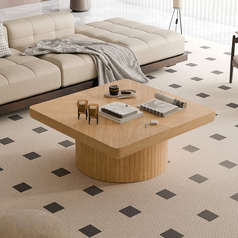 Table basse carrée 34,6 po pour salon avec plateau en placage de bois moderne avec motif de parquet et base cylindrique épaissie