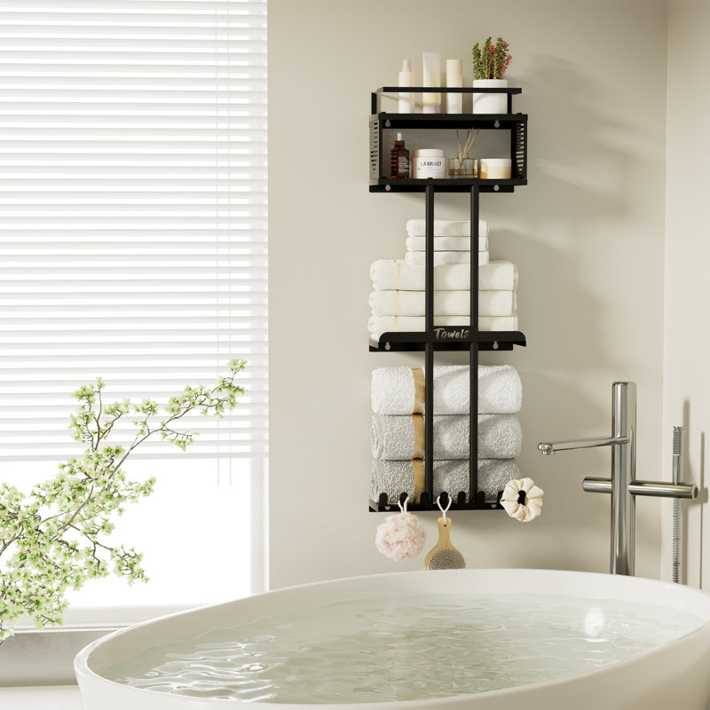 Porte-serviettes mural à 3 niveaux avec panier de rangement et crochets en métal antirouille noir pour salle de bain
