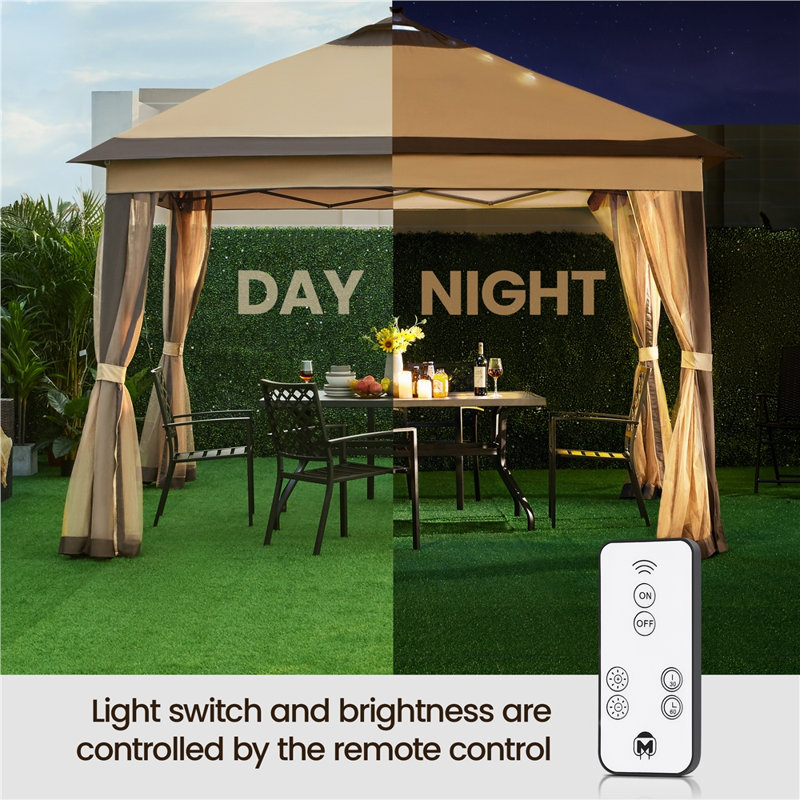 11 Ft. W x 11 Ft. D Iron Patio Gazebo with Solar LED Lights, Brown, Black