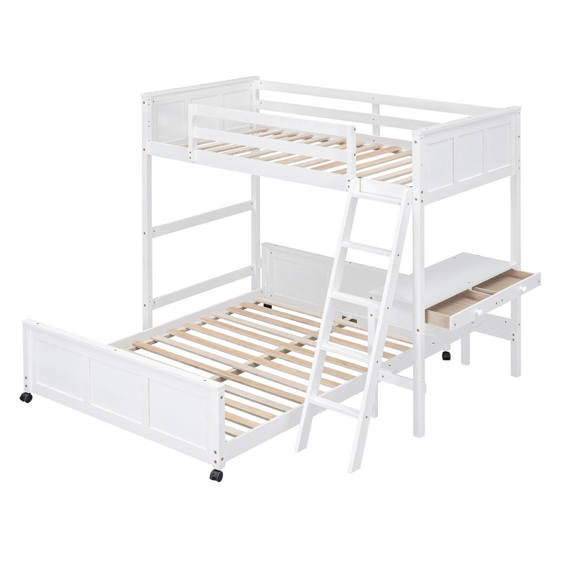 Lit simple superposé au dessus d'un lit double avec bureau, Blanc