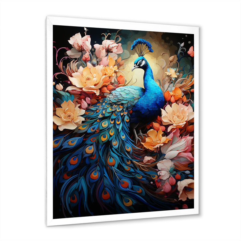 «Majestic Flowerful Peacocks Harmony I» sur toile, Cadre photo blanc, H 40 po x l 30 po x P 1,5 po