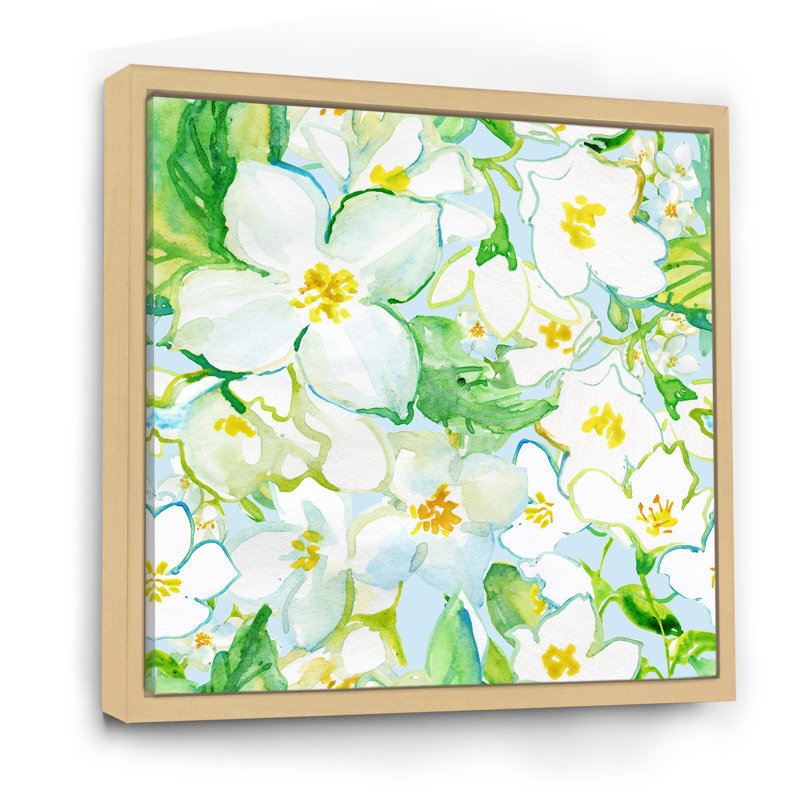 Jamin en fleurs blanches sur feuilles vertes - peinture sur toile, Cadre flottant en érable, H 30 po x l 30 po