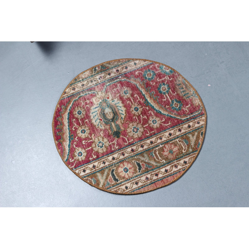 Round Turkish Door Mat With Vintage Red And Beige Design Featuring Floral Patterns For Elegant Home Decor
