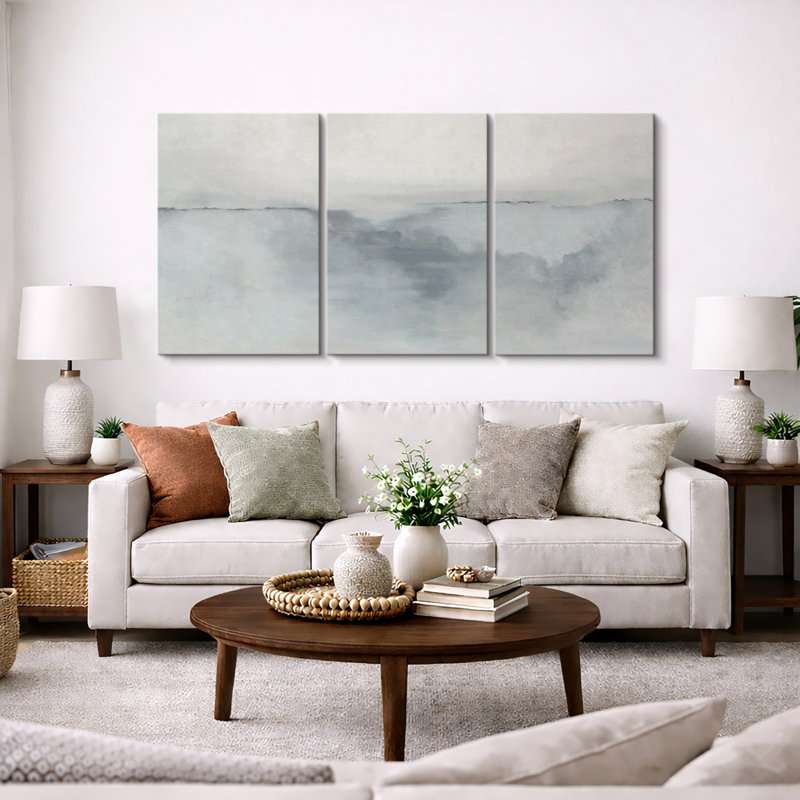 Minimal Landscape IDEA4WALL Framed Canvas Print Wall Art Set Pastel Watercolor Gray Paint Stroke Landscape Abstract Shapes Illustrations Decorative Relax/Calm Zen For Living Room, Bedroom, Office Framed On Canvas 3 Pieces Print