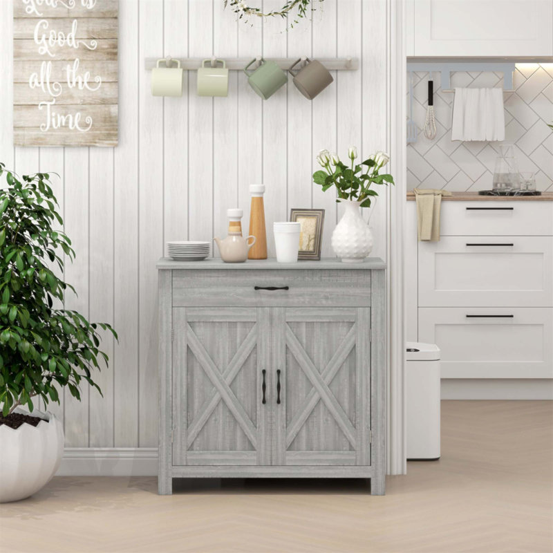 Farmhouse Sideboard Buffet Cabinet with Barn Doors, Drawer, and Adjustable Shelf for Versatile Storage in Living Room and Entryway