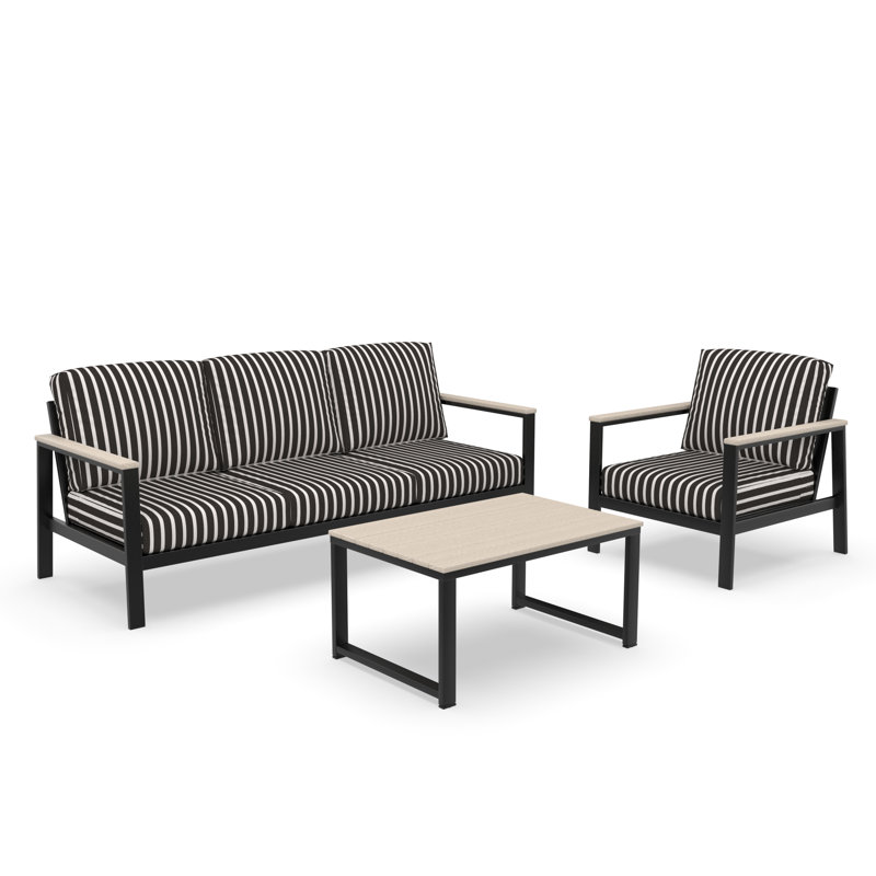 Ensemble de conversation 3 pièces avec coussins Sunbrella® Ulrica, Black/White Striped, 3 Pcs: Table, Sofa, Chair