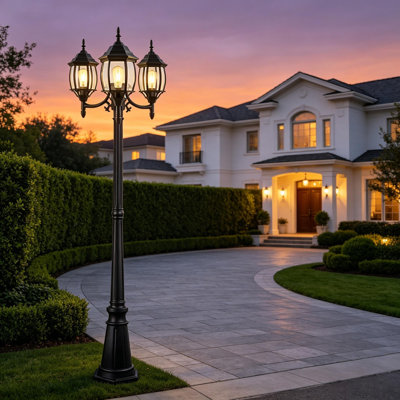 3-Light 85.43"in Matte Black Outdoor Post Light with Dusk to Dawn