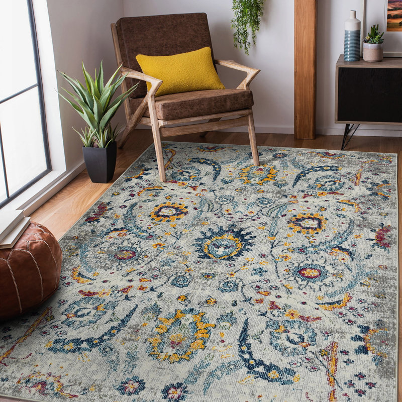 Ivory and Orange Floral Synthetic Rectangular Area Rug