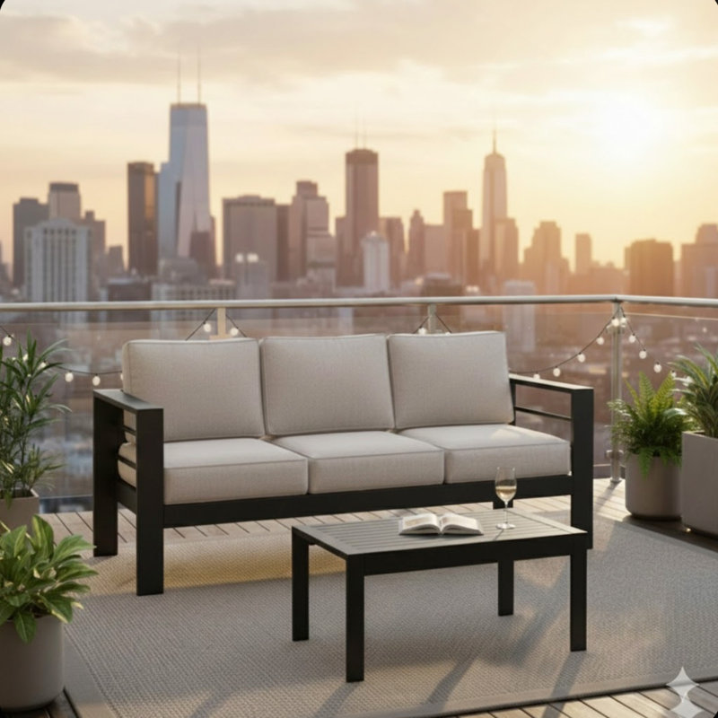 2 Pieces Outdoor/Patio Patio Set, All-Weather 75" 3-Seat Metal Patio Sofa Couch With Thick Cushions, 43" Coffee Table