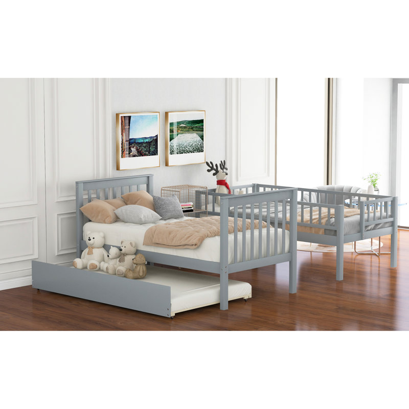 Lit simple superposé au dessus d'un lit gigogne gris, 4 tablettes de rangement, matelas d'une épaisseur de 6 po et d'une épaisseur de 6 pi