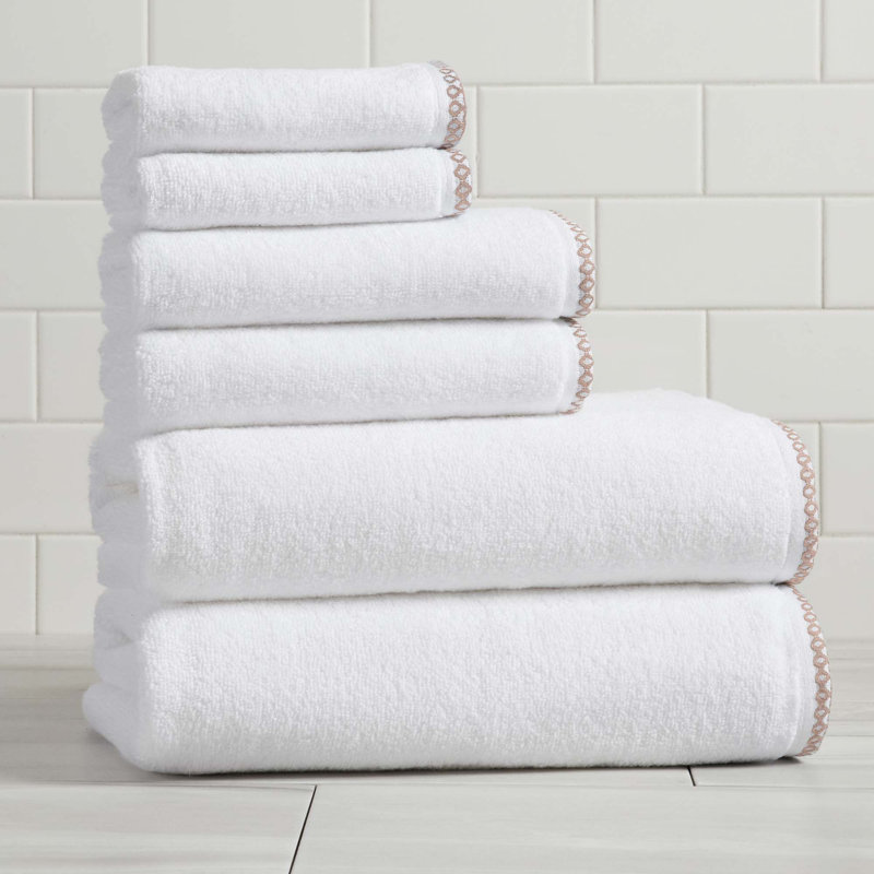 Ensemble de serviettes de bain décoratives en coton léger, Blanc / bois de rose, Ensemble 6 serviettes de bain