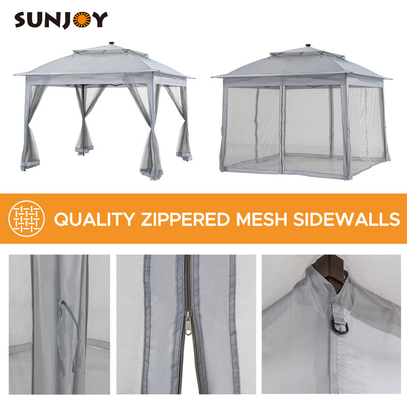 Gray 11x11 Steel Frame Pop-Up Gazebo with Solar LED Lights