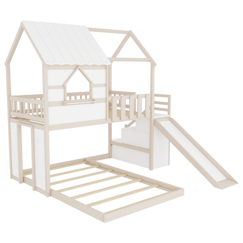 Lit superposé en bois avec étagères, escalier de rangement, glissade et barrières de sécurité, Blanc beige