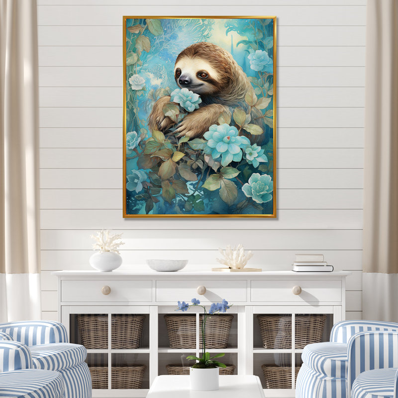 «Turquoise Tranquility Flower Sloth», reproduction sur toile, Cadre flottant doré, H 32 po x l 16 po x P 1 po