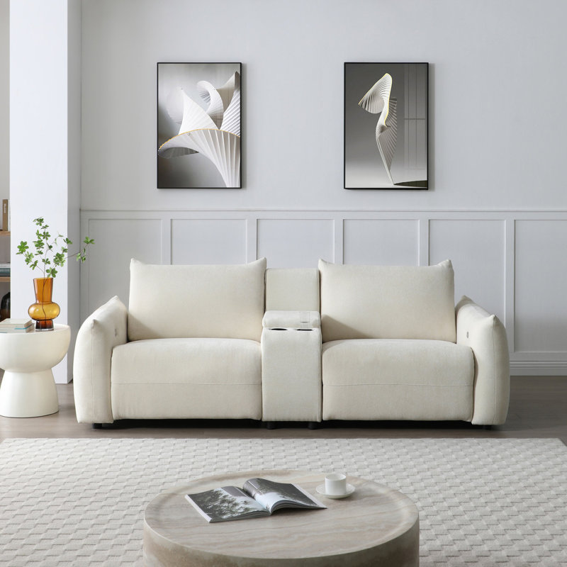 Fauteuil inclinable en lin beige avec rangement et porte-gobelets. Siège de cinéma maison. Caractéristique douillette pour le salon. Supports et rangement. Espace du siège