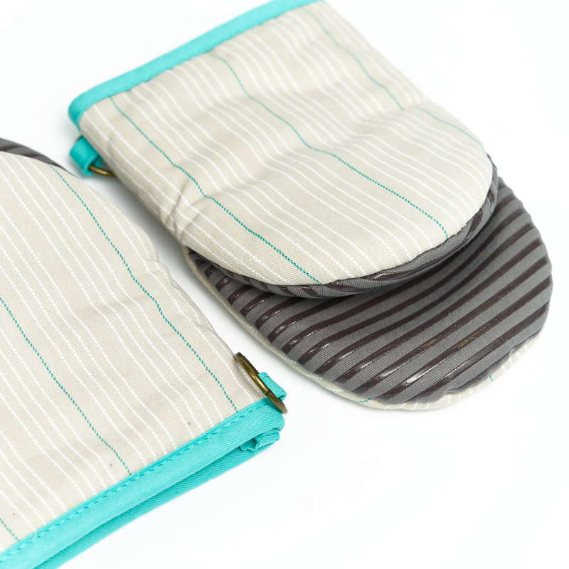 Beige Striped Cotton Mini Oven Mitts with Silicone Palm Set