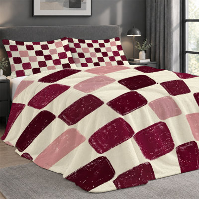 Ensemble de couverture légère en flanelle de qualité supérieure et 2 taies décoratives avec peinture damier texturée rouge foncé et rose, ensemble de literie confortable ultra-douce et chaude pour toutes saisons, couverture 60 po x 80 po + 2 taies d'oreiller anti-boulochage et lavable à la machine (ensemble de 3 ))