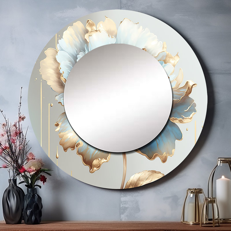 «Parleen Chic Blue Blooming Flower I», miroir mural décoratif rond traditionnel, reproduction d'art en métal, 36 po x 36 po