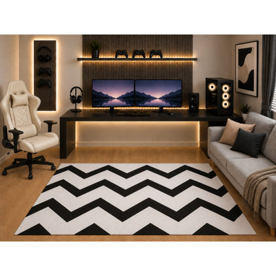 "Ultra Light Weight" 5' x 7' Black White Chevron Area Rug Modern Geometric Zigzag Design for Bedroom Gaming Room Living Room Contemporary Decor Non-Slip Silicone Backing Low Pile