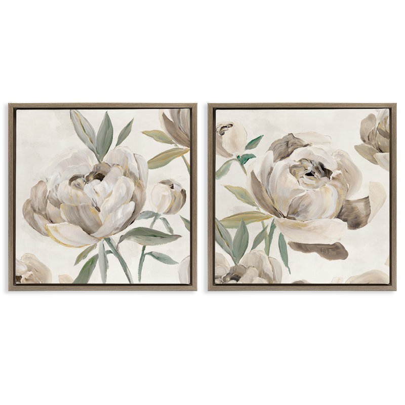 Cadre flottant neutre 2 pièces pivoines lustrées, design par Aria K., Cadre flottant orme Montalcino, H 18 po x l 18 po