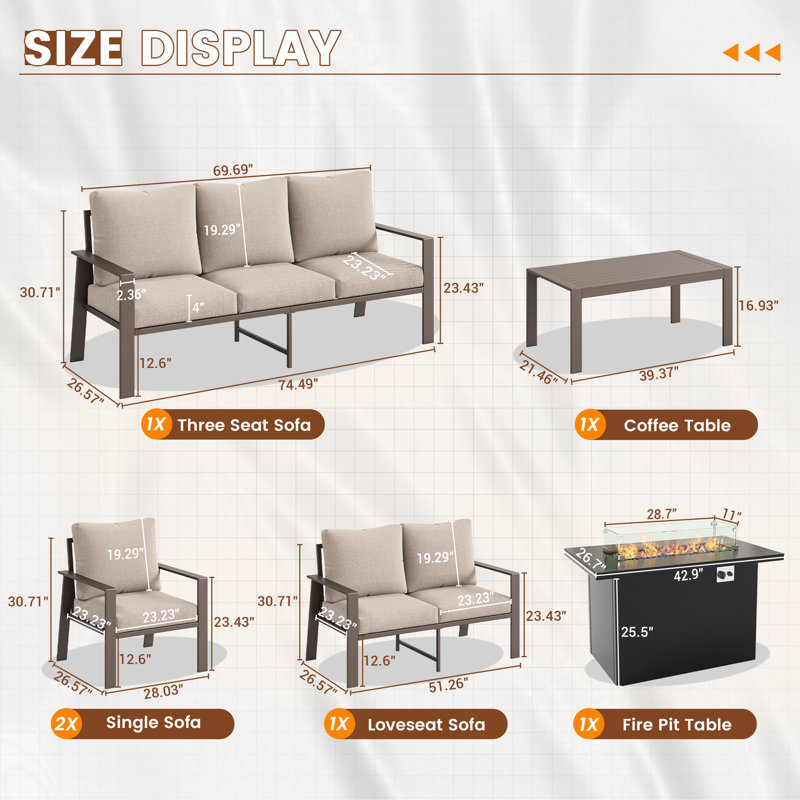 7 Person Sofa Seating Group With Coffee Table And Fire Pit Table, Beige