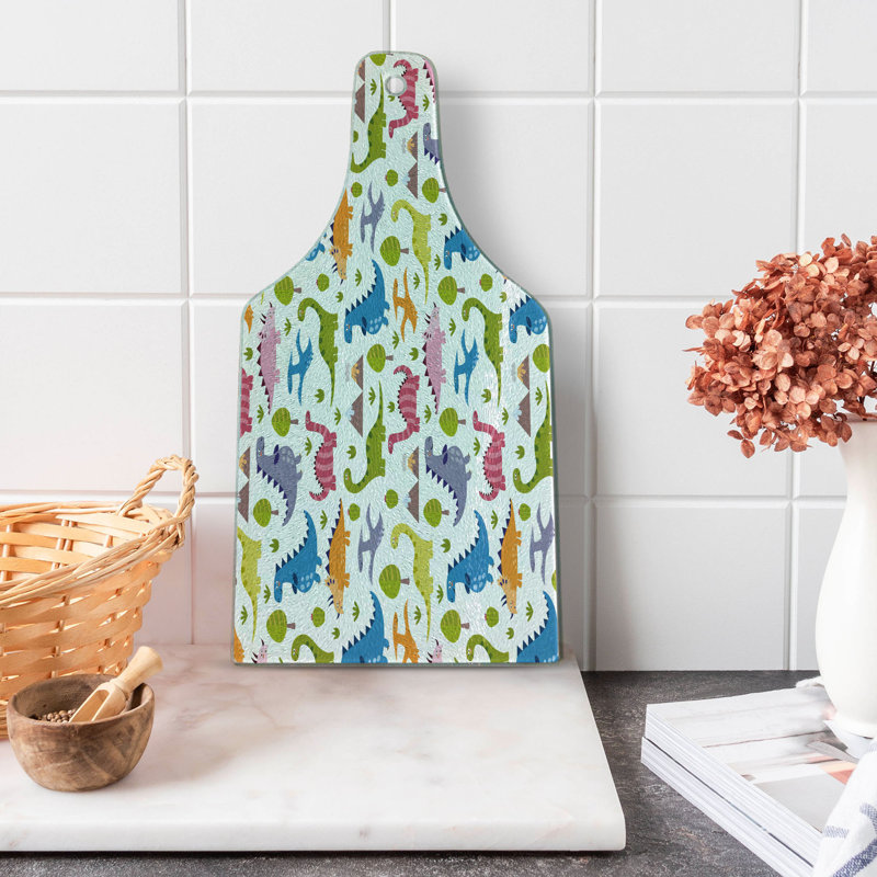 Ambesonne Dino Tempered Glass Cutting Board Dinosaurs Colourful Multicolor