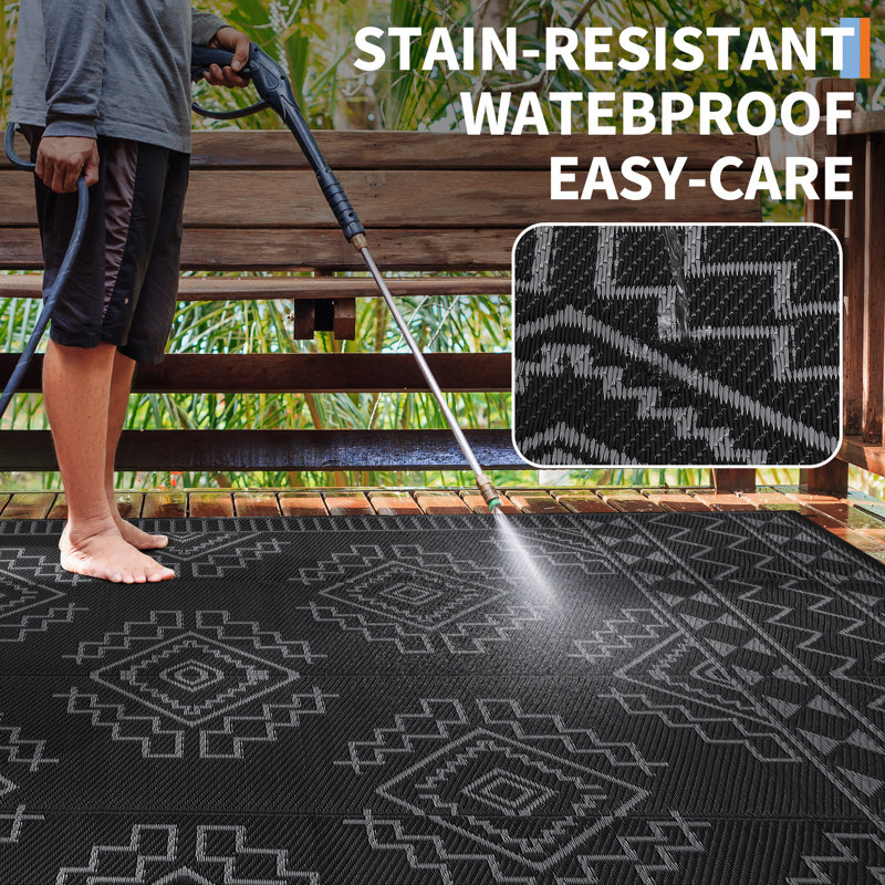 Outdoor Rugs 8x10 Waterproof Reversible Plastic Straw Rug Lightweight Boho Indoor Outdoor Camping Carpet RV Mat Outside for Patio Picnic Balcony Deck Backyard, Black/Grey
