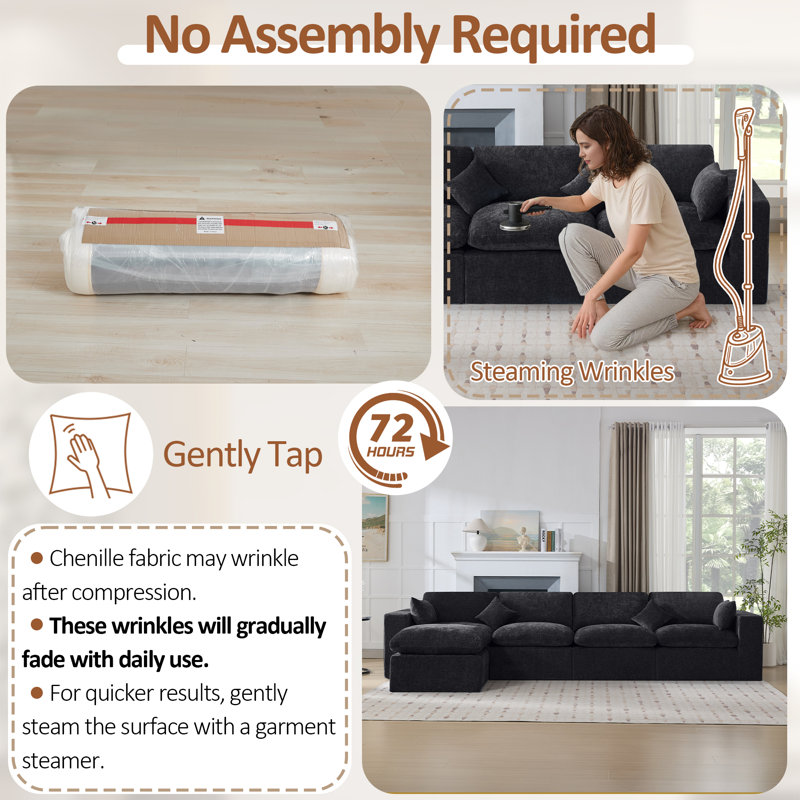 Compression Sectional Couch with Ottoman, Dark Black Chenille, 5