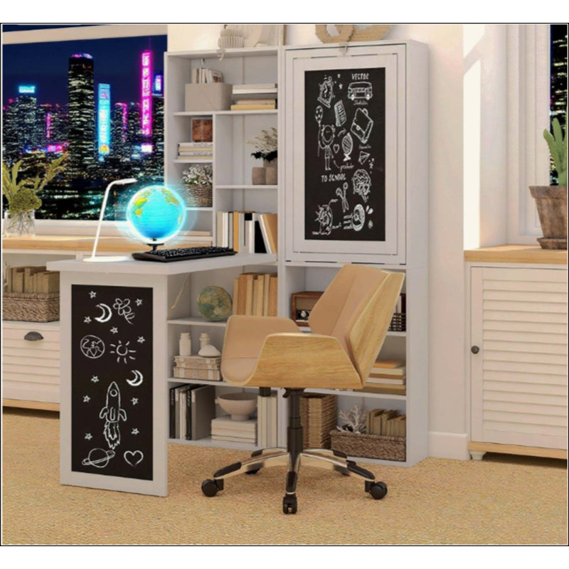 Foldable Computer Desk with Blackboard, Multi-Functional Writing Study Desk with 3-Tier Adjustable Shelf, Space-Saving Wall Mounted Workstation for Home Office