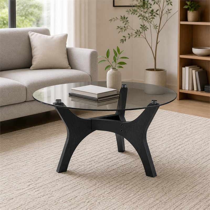 Table basse moderne en verre de style Mid-Century, centre de table 31,5 pouces avec base en grain de bois noir, table décorative pour le salon, la chambre à coucher, la réception et le bureau